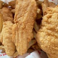Chicken Tenders · Four (4) breaded chicken tenders, all white meat 1 lb. one pound of fresh cut french fries w...