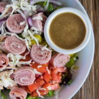 Antipasto Salad (Small) · Romaine lettuce, roma tomatoes, red onions, mushrooms, black olives, pepperoncini, mozzarell...