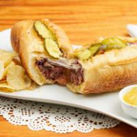 Pastrami · Tender slices of pastrami, with pickles, caramelized onions, melted mozzarella. Yellow musta...