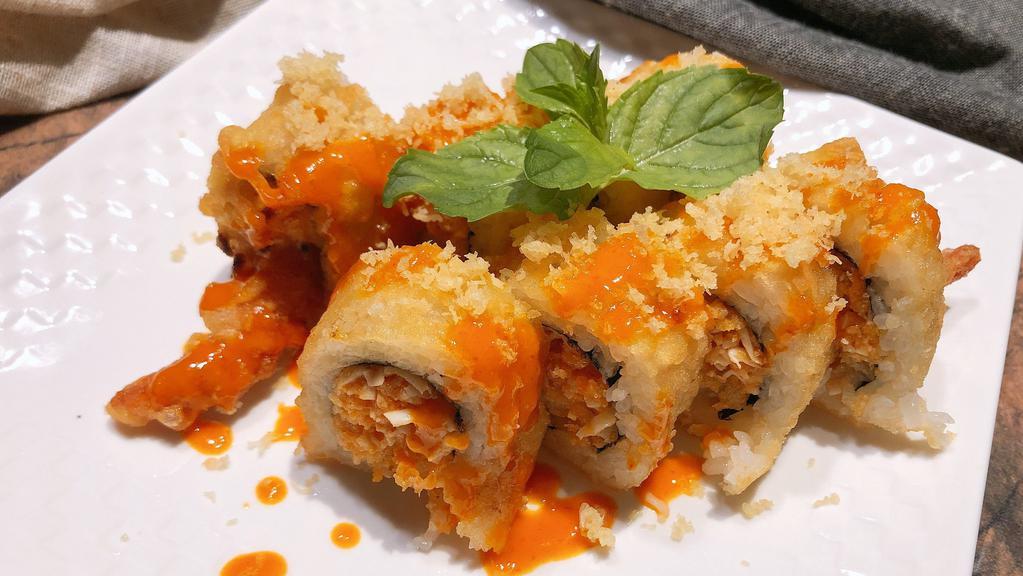 Tiger Tempura Roll · Two tempura shrimps. Spicy tuna. Crabmeat and crunch mixed in spicy mayo sauce. Deep fried. Spicy mayo and eel sauce.