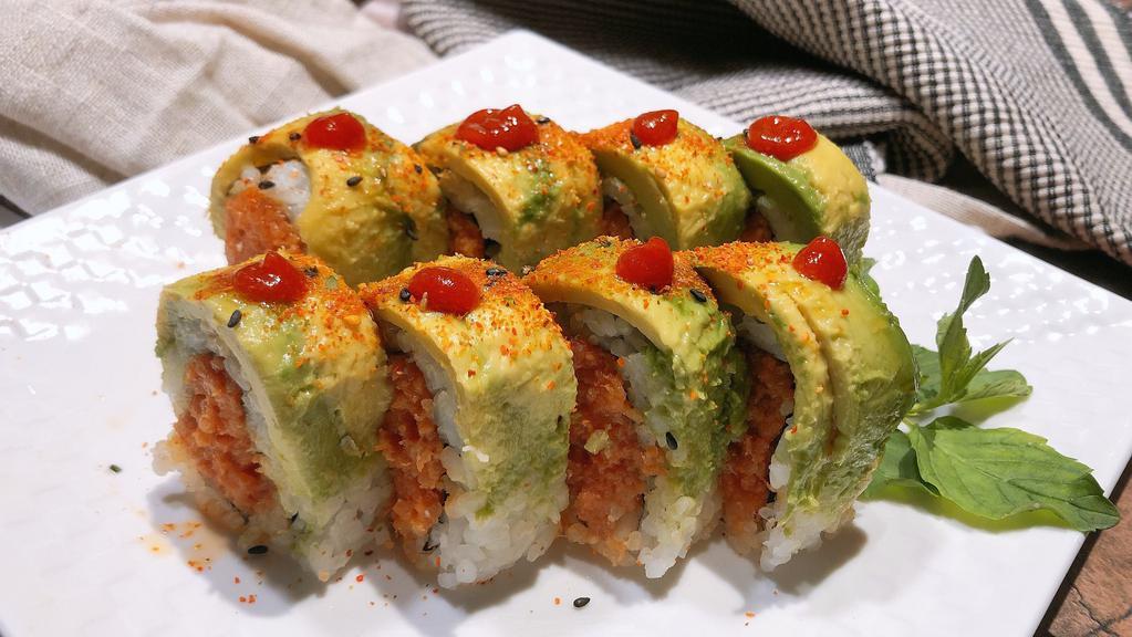 911 Roll · Spicy. Spicy tuna roll with avocado on top and chili oil, red pepper and eel sauce.