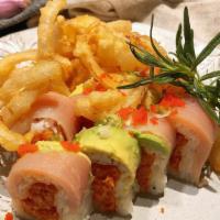 Blooming Onion Roll · Spicy. Spicy tuna inside with albacore and avocado on top with light may, house sauce, chili...