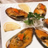 Baked Green Mussel · Mussels broiled with sesame mayo sauce.