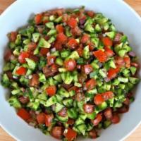 Shirazi Summer Salad (16Oz) · Diced Tomato, Cucumber, Lemon Mint Dressing, With A Touch Of Onion.