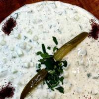 Tzatziki Appetizer · Fresh Authentic Tzatziki made with Greek yogurt, Persian cucumber, Garlic and herbs with sid...