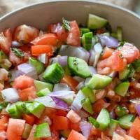 Shirazi Salad · Chopped Cucumber, Tomato, Red onion, mind, Olive oil, Lemon juice