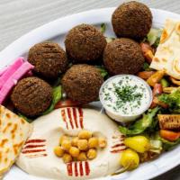 Falafel Plate · 6 pieces falafel with rice OR fries along with salad, hummus, and pita bread