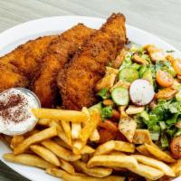 Crispy Chicken Plate · 3 cripsy chicken tenders with rice OR fries along with salad, hummus, and pita bread