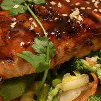 Grilled Salmon · Atlantic Salmon in a soy ginger glaze, stir-fry vegetables.