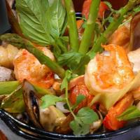 Asian Seafood Paella · Shrimp, scallop, seasonal fish, green musssels, manila clams, saffron rice.