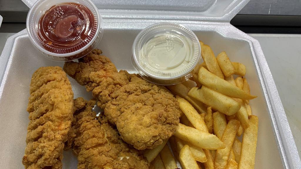 Chicken Strips  · 3 chicken strips and fries or tots.  Comes with ranch or bbq sauce.