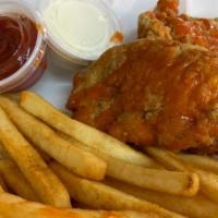 Sam'S Spicy Strips · 3 chicken strips coated in buffalo sauce.  Comes with fries or tots and ranch for dipping.