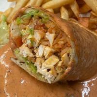 Chipotle Burrito · Grilled chicken, rice, lettuce, pico de gallo, cheese and chipotle sauce, no beans.
