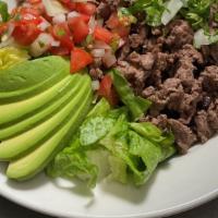 Latin Bowls · Choice of Protein, served with rice, black beans, lettuce, pico de gallo, and avocado in a b...