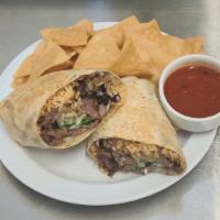 Burritos · Rice, beans, onion, cilantro and choice of Meat. Served with a side of chips and salsa.