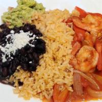 Shrimp Fajitas · Shrimp sautéed with bell peppers, onions, and tomatoes. Served with rice, beans, guacamole a...