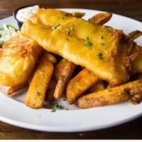 Fish & Chips · Beer battered and deep fried golden Cod. Served with Irish Chips & tarter sauce.