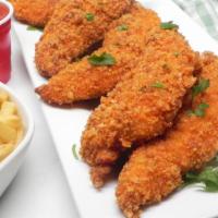 Chicken Tenders · Chicken Strips coated with bread crumbs prepared fresh to be served  with Your Choice of Fri...