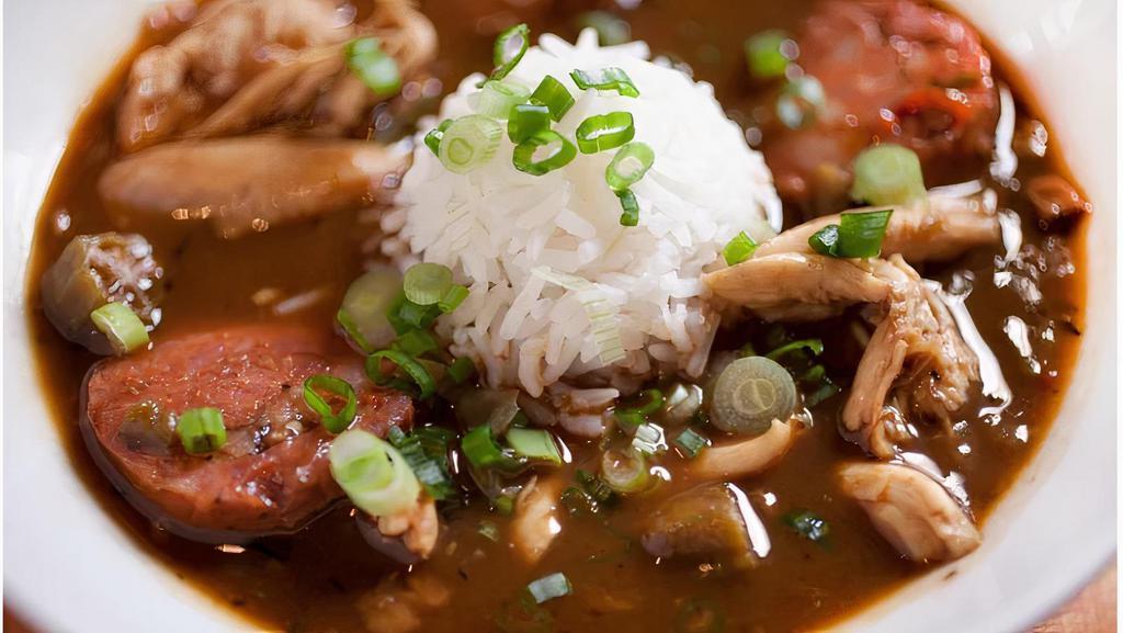 Gumbo · Creole Gumbo With Chicken and Andouille Sausage.Serve with your choice with rice or without. Bowl Size 12oz