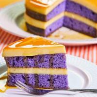 Ube Flan Cake W/ Fresh Fruits · Soft and airy chiffon cake topped with a thin layer of milk custard flan. Served with fresh ...