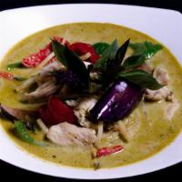 * Green Curry * · Mild Spicy. Gluten free. Vegan. Green Curry with Eggplants, Bell Peppers, Bamboo Shoots, and...