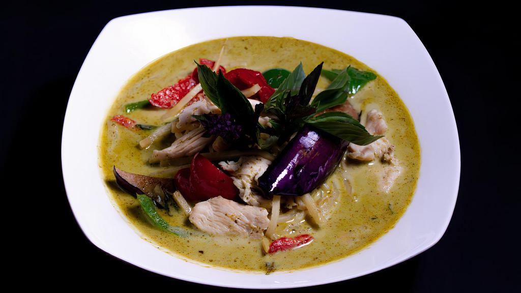 * Green Curry * · Mild Spicy. Gluten free. Vegan. Green Curry with Eggplants, Bell Peppers, Bamboo Shoots, and Basil with Coconut Milk.