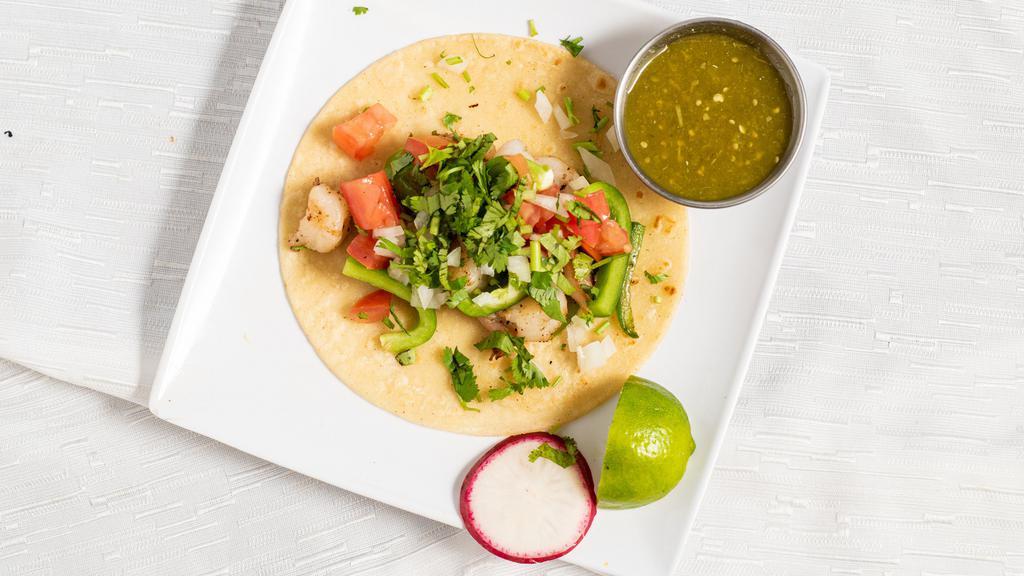 Shrimp Taco · Grilled shirmp served on a soft 6in tortilla topped with grilled onion, bell papper and pico de gallo.