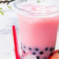 Strawberry Milk Tea 16 Oz) · Caramelized brown sugar boba topped with creamy milk and pink himalayan salt.