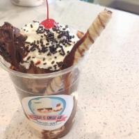 Fudgy Brownies · 2 scoops of vanilla & chocolate ice cream, Fudge brownie, chocolate fudge, whipped cream, ch...