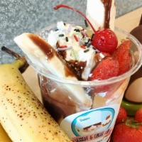 Banana Split Dazzler · 2 scoops of spumoni & vanilla ice cream, strawberry puree, chocolate fudge, 🍌  banana, 🍓  ...