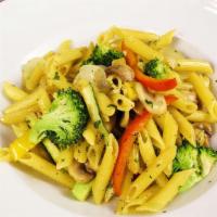 Penne Primevera · Penne, mushrooms, broccoli, bell peppers, onions, and zucchini