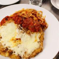 Chicken Parmesan  · Breaded chicken topped with marinara and melted mozzarella. 
Served with your choice of past...