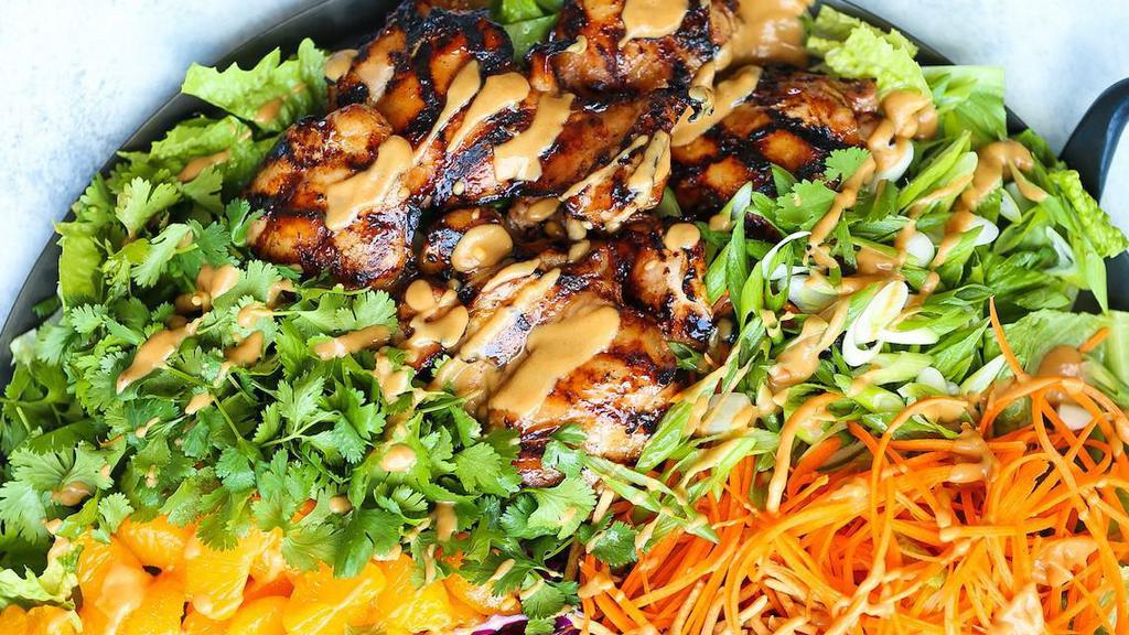 Asian Chicken Salad · Spring mix greens, chopped red cabbage, julienne carrots, almonds, sliced cucumbers, crispy chow mein, chives, sliced chicken breast and Asian sesame dressing.