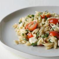 Caprese Pasta Salad · Orzo pasta, cherry tomatoes, fresh basil, fresh mozzarella.