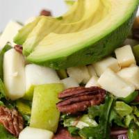 Pear & Pecan · Mixed greens, pears, taleggio cheese, roasted pecans, pickled red onions, fresh avocado, bal...