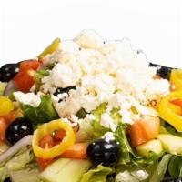 Greek Salad · Romaine lettuce, Tomatoes, Cucumbers, Banana Peppers, Red Onions, Olives, Feta Cheese & Gree...