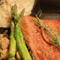 Salmon Plate · Baked salmon served with mashed potatoes and asparagus