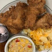 Three Pcs Chicken · 3 pieces of 24 hour brined & fried until crispy, tender and juicy, with your choice of  2 Fi...