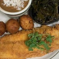 Fried Catfish · Cornmeal crusted catfish served with corn fritters and your choice of two Fixins.