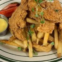 Chicken Tenders Basket · Fried chicken tenders, honey mustard and house pickles. . Served with fries.