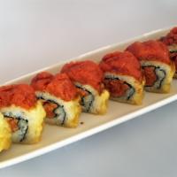 Volcano Roll · In: avocado, crabmeat. Out: baked albacore, baked mayo sauce, eel sauce, green onions, smelt...