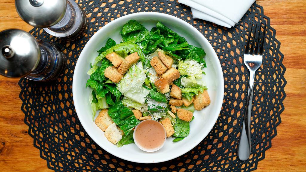 Caesar Salad · Crisp romaine leaves, shaved Romano cheese, creamy caesar dressing and croutons