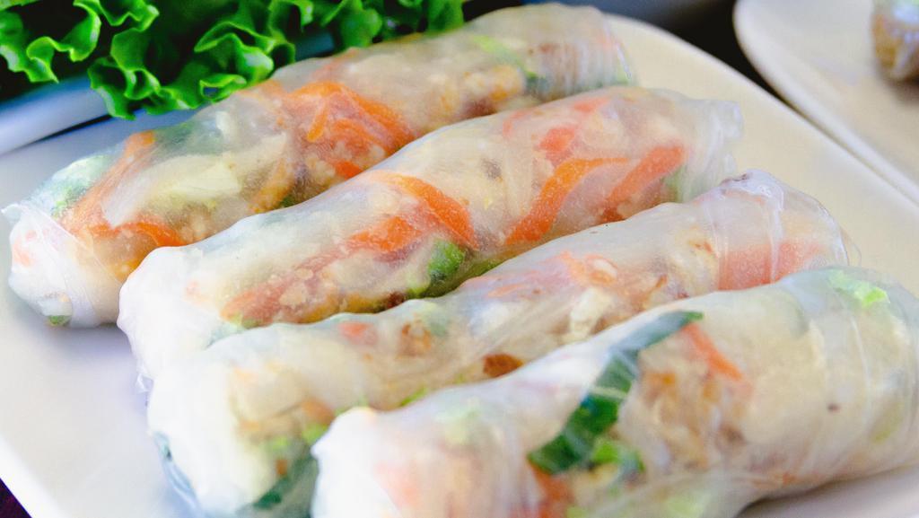 Jicama Rolls · Rice paper, jicama, carrot with fresh lettuce served with peanut sauce.