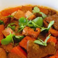 Beef Stew Noodle Soup · Fresh rice noodle, carrot, beef slices, fresh mushroom with fresh bean sprout and Thai basil.