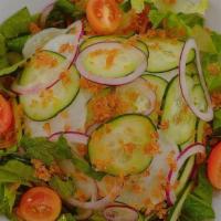 Cucumber Salad · Mandoline thin sliced cucumber, red onion, golden radish, daikon, mint, tossed in a sweet vi...