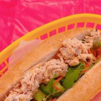 Spicy Shredded Chicken Banh Mi · Classic Vietnamese sandwich on a French baguette Asian style spicy chicken with pickled daik...