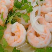 Pho Shrimp · Rice noodle soup with shrimp topped with green onions, slide onion, cilantro. Served with a ...