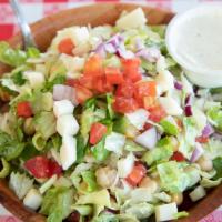 Chopped · Romaine, iceberg, tomatoes, red onions, garbanzo bean, mozzarella cheese.