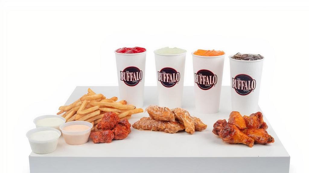 Fp Boneless Wings (25) · Feed the family ! Includes choice of breadsticks or fries, dressing and four 20 oz drinks.