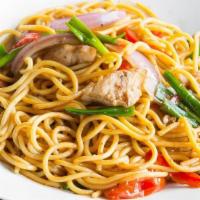 Chicken Tallarin Saltado  · Sautéed spaghetti with sliced onions, green onions, and tomatoes and chicken